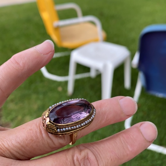 14 kt. ANTIQUE Amethyst w/seed pearls ring - Picture 7 of 13